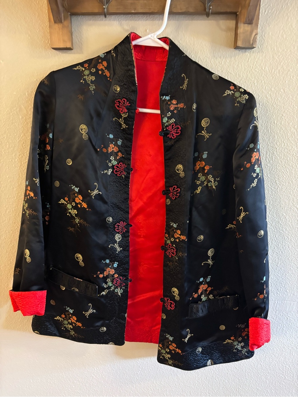 Vintage Satin Floral Mandarin Jacket with Reversible Red Lining
